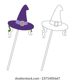 Small set with two funny carnival masks like a witch hat. Color, black and white flat vector illustration.