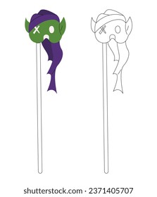 Pequeño conjunto con dos espeluznantes máscaras de carnaval como un zombi. Ilustración vectorial plana de color, negro y blanco.