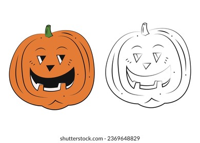 Small set of two scary Halloween pumpkins. Color, black and white flat vector illustration.