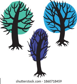 Small set of winter trees - black trunk and branches and different colors abtract hape foliage. Vector illustration, traced after hand drawn sketch.