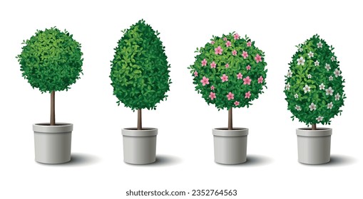 Small shaped green trees in pots with and without flowers realistic set isolated vector illustration