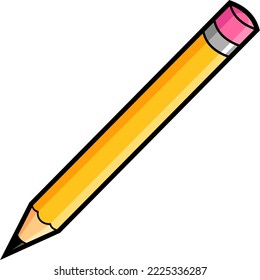 Small sharp pencil. Background for design. School supplies. Little crayon. Office tools. Art. Stationery. Yellow pencil with eraser.