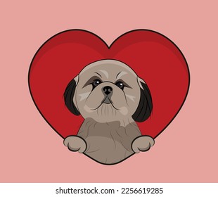 Small Shih Tzu dog hanging with paws in a big Valentine's day heart. Love heart with pet head and heart and footprint. Dog face Holding Pink Heart Cartoon Icon. St Valentine's day for dog funs.