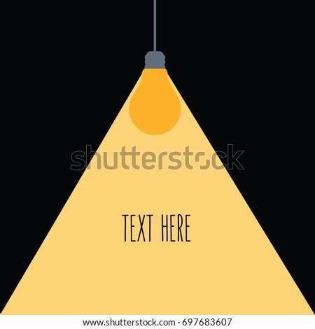 A small shining yellow light bulb cartoon isolated with a large beam of light vector on flat design dark background with space & text. concept & creative lamp innovation & inspiration