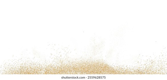 Small shiny golden particles of dust, pepper, sand scatter chaotically on a white background. Powder scatter effect. Vector 10 EPS
