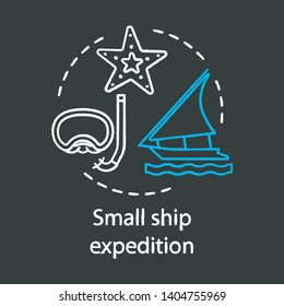 Small ship expedition chalk concept icon. Travel experience idea. Marine tourism. Scuba diving. Ocean exploration. Cruise liner. Vector isolated chalkboard illustration