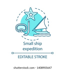Small ship expedition concept icon. Travel experience idea. Thin line illustration. Scuba diving. Marine tourism. Cruise liner. Vector isolated outline drawing. Editable stroke