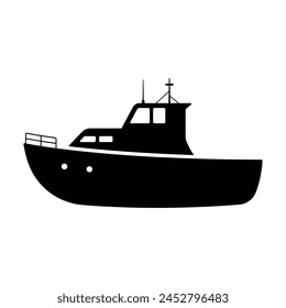 Small ship icon. Boat, yacht. Black silhouette. Side view. Vector simple flat graphic illustration. Isolated object on a white background. Isolate.