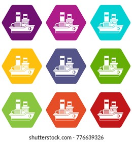 Small ship icon set many color hexahedron isolated on white vector illustration