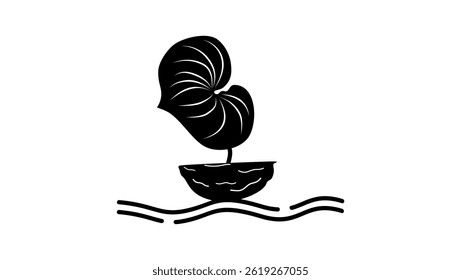 Small Ship from leaf and walnut nut, black isolated silhouette