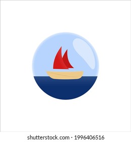 Un barco pequeño con velas rojas sobre un fondo de mar azul y cielo azul.
