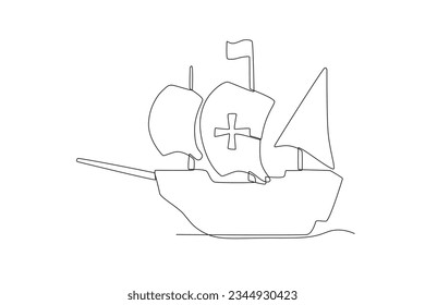 Ein kleines Schiff segelt. Kolumbus-Einzeilenzeichnung