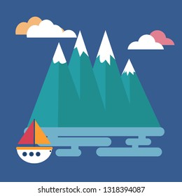 A small ship sailing on the sea. On the background of the mountain with snow-capped peaks.
