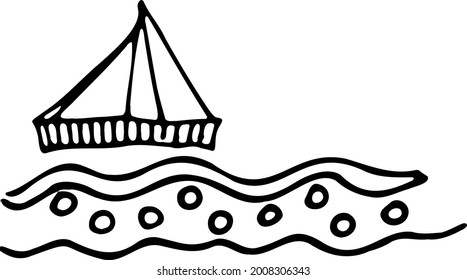 A small ship with sails on the waves drawn by hand. Black and white vector illustration.