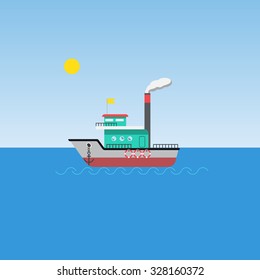Small ship in sea with blue sky and sun. Vector illustration