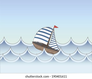 small ship with striped sails floating on the waves