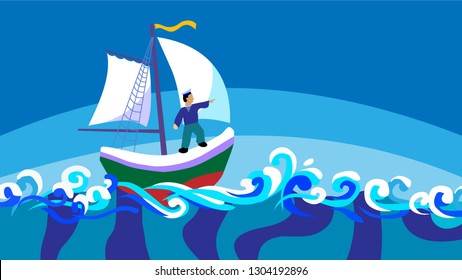 Small ship travels in severe sea between white foam and blue waves, the childrens illustration