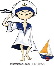 the small ship's boy in uniform of seaman with toy ship. Vector, illustration