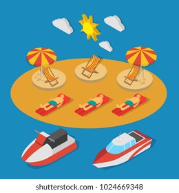Small ships near beach with persons during sun bathing isometric composition on blue background vector illustration