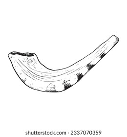 Small shofar from ram horn for Rosh Hashanah and Yom Kippur vector graphic illustration in black and white. Jewish new year traditional symbol in sketch style