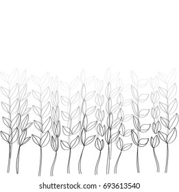 Small shoots with  leaves leaving in a distance in a fog, young plants on a white background, seamless pattern. Freehand drawing vector by a thin line.
