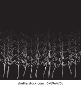 Small shoots with  leaves in a row, young plants on a black background. Black and white pattern, modern stylish texture. Freehand drawing vector by a thin line.
