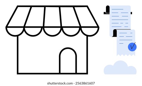 A small shop with an awning is depicted next to a digital receipt with a blue check mark and cloud icon. Ideal for online shopping e-commerce retail business transactions and receipts. Simple clean