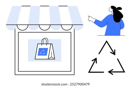 A small shop with an awning displays a shopping bag with a recycling symbol in the window. A person points at the shop, and there is another larger recycling symbol to the right