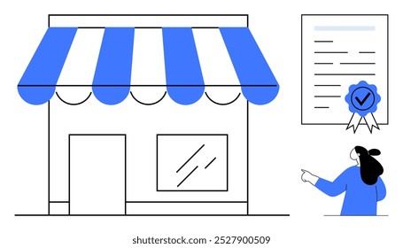 Uma pequena loja com um toldo azul riscado está ao lado de um certificado com um selo azul. Uma pessoa aponta para o certificado. Ideal para licenciamento de negócios, certificação, garantia de qualidade, varejo