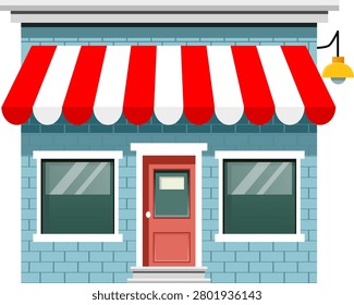 Small shop building with red and white striped awning and blue brick wall, featuring two large windows and red door under warm light