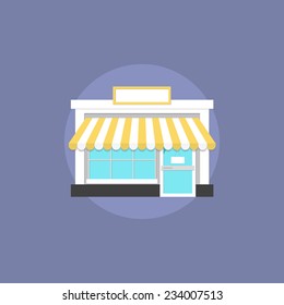 Small shop facade architecture, commercial building for shopping, local house for trading goods. Flat icon modern design style vector illustration concept.