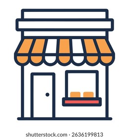 Small Shop Front Icon – Flat Design Storefront with Striped Awning – Local Business and Retail Store Vector Illustration
