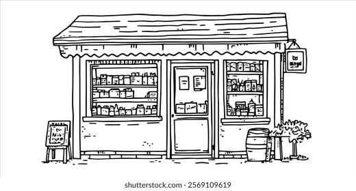 small shop front with products and canopy in hand-drawn sketch