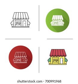 Small shop icon. Flat design, linear and color styles. Coffee house, cafe. Isolated vector illustrations