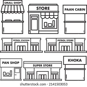 Small Shop, Petrol Station, super Store, Market and Cabin vector icons