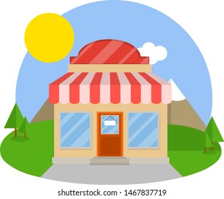 Small shop. Store with red and white roof. Food trade and coffee shop. Cartoon flat illustration. Town and city. Element of urban landscape. Facade of house with showcase