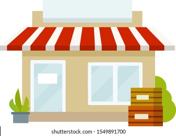 Small shop. Store with red and white roof. Food trade and coffee shop. Element of urban landscape. Facade of house with showcase. Cartoon flat illustration. Town and city. Wooden box