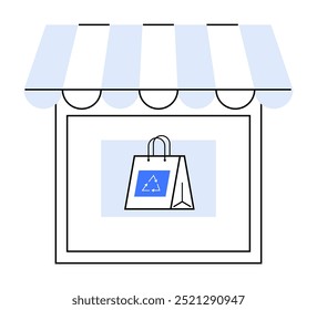 Pequena loja frente com um toldo azul e branco, exibindo um saco de compras com um símbolo triângulo. Ideal para compras online, varejo, e-commerce, pequenas empresas, logotipo da loja. Estilo da arte da linha.