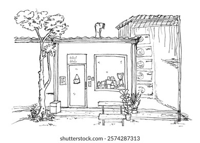 Small Shop with Tree and Bench, Minimalist Line Art Simple Vector Sketch
