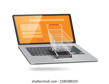 small shopping cart place
on a laptop computer with an orange screen and all object floating in mid air,vector 3d isolated on white background for delivery and online shopping concept design