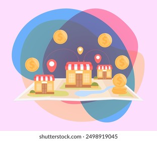 Small shops on map flat vector illustration. Small company or restaurant with gold coins. Development, franchising, finances investment concept for banner