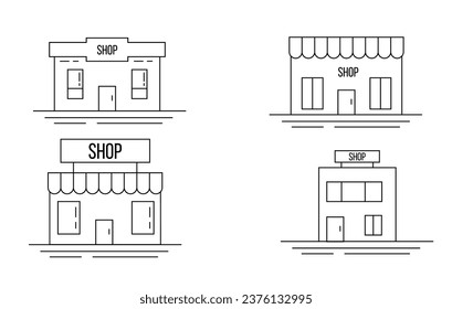 Small Shops Set Line Art Isolated on White. A collection of private grocery or outlet stores vector art