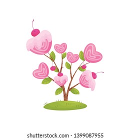 Small shrub with Cake in the form of heart on the branches. Vector illustration on white background.