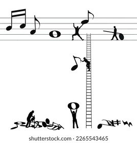 Small silhouetted figures place musical notes on a music staff to follow the theme of writing music. 
