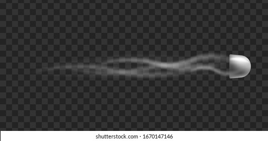 Small silver bullet flying with realistic smoke trail isolated on dark background - metal firearm ammunition shot in fast motion. Vector illustration.