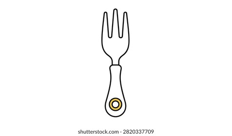 Small silver fork with three tines and a short handle featuring a circular gold accent at the base in a clean line art style.