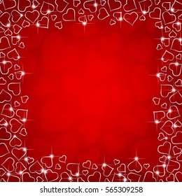 Small silver hearts and lights forming frame on red background with hearts pattern. Valentines day design with space for text.