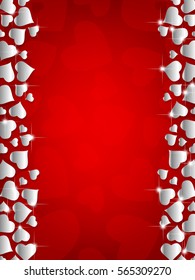 Small silver hearts and lights forming borders on red background with hearts pattern. Valentines day design with space for text.