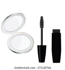 Small, silver, pocket mirror and black, waterproof mascara vector. Compact mirror