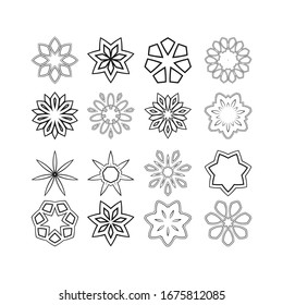 Small simple black and white round mandalas. Black and white flowers or snowflakes, Vector illustration.